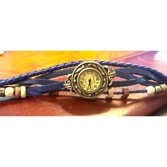 Women's Viser Watch, Bronze Tone with Leather and Beaded Band, Leaf Charm - Picture 2 of 3